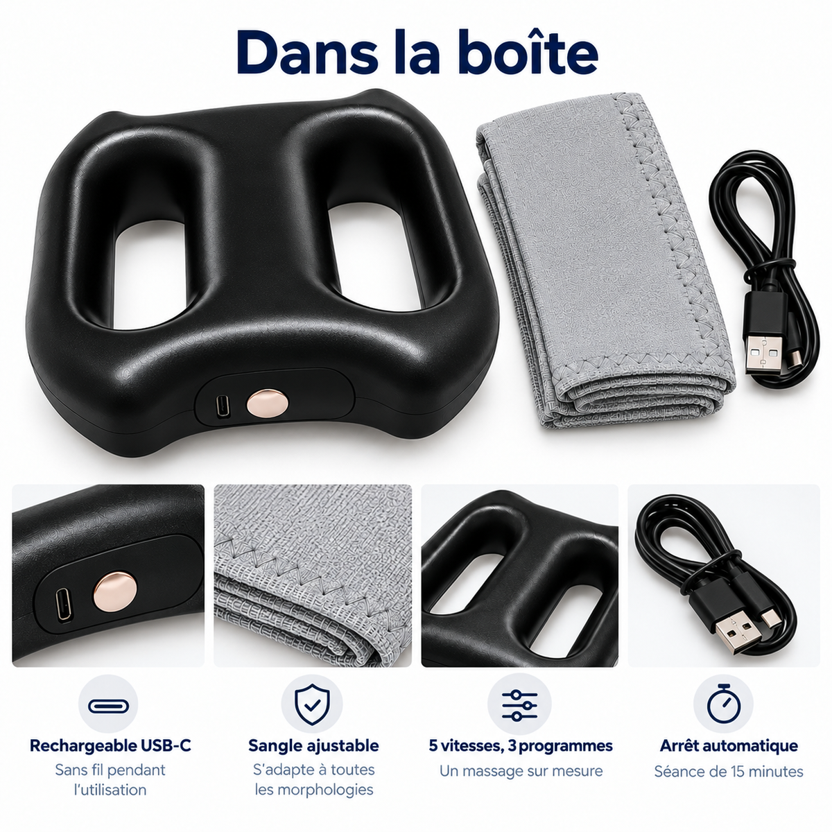 Contenu de la boîte Vaelia : masseur, sangle réglable et câble USB-C
