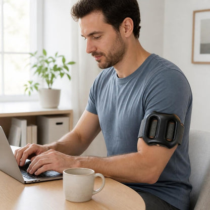 Homme en télétravail avec le masseur Vaelia fixé sur le haut du bras par sa sangle